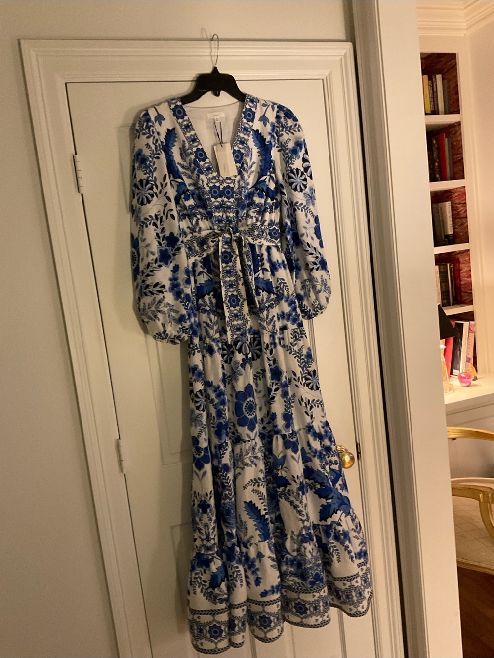 Blue and White Floral Maxi Dress with Waist Tie - Picture 2 of 9